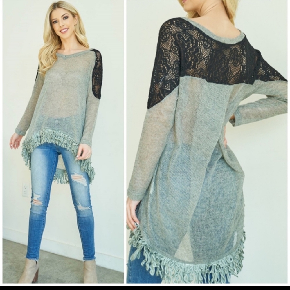 Ryu A'reve Semi Sheer Sweater V Neck Crochet Detail Fringe Hem